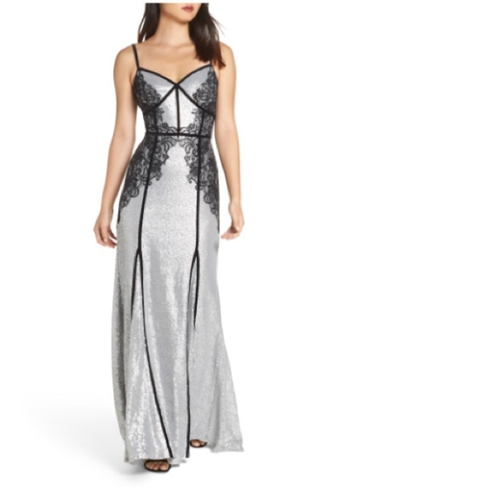 Tadashi Shoji Metallic  Sequin & Lace Gown 14
